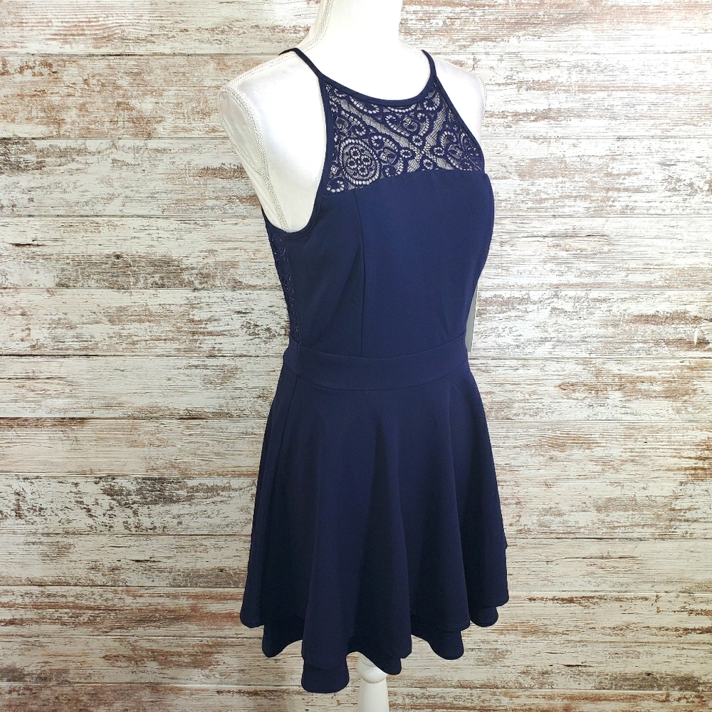 LOVE, NICKIE LEW Navy Lace Double Skater Dress